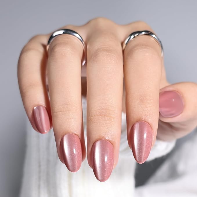 Leefrei Cat Eye Press On Nails - Glazed Pink Press On Nails Short Almond Nails Press Ons for Women Fake Nails with Glue, Glossy Reusable Glue on Nail in 16 Sizes - 32pcs, Blush Aurora