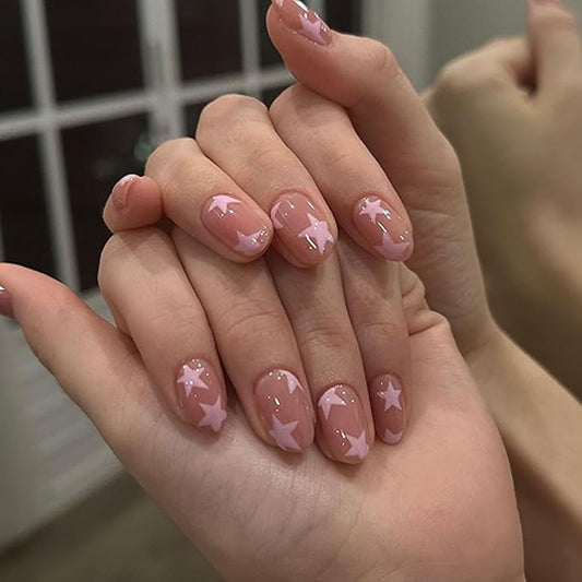 XZMeiLun Press On Nails Spring Acrylic Nails for Women - Pink Star French Designer Fake Nails Short Almond 24PCS, Glossy Soft Gel with Glue, Outdoor Picnic/Wedding/Party Reusable Stick On Nails Gift