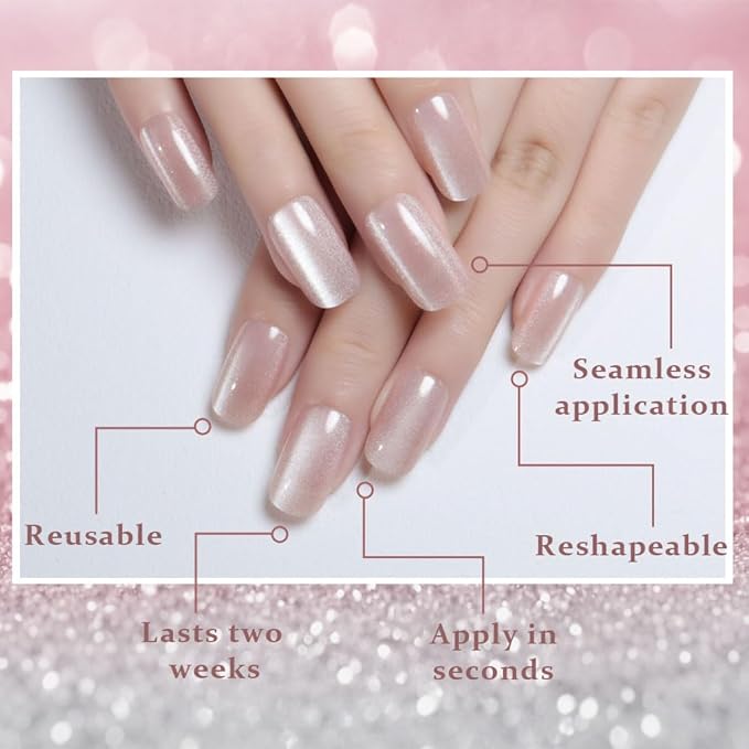 Light Nude Cat Eye Press on Nails Medium Square, Medium Square Press Stick on Nails Chrome for Women Gift, Nude Holographic Glitter Glossy Reusable Soft Gel Acrylic Fake Nail with Cateye Effect Design