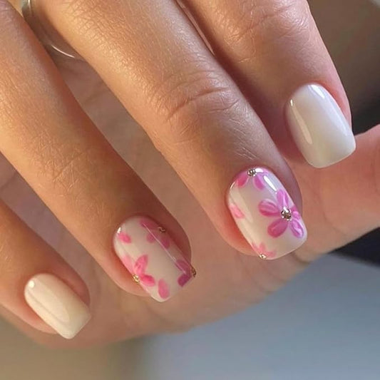 XZMeiLun White Press On Nails Extra Short Square, Pink Flower Sticke On Nails Kit, Floral Designer Reusable Acrylic Nails Press Ons, Fake Nails With Glue On Nails Set, Daily Wea False Nails For Women