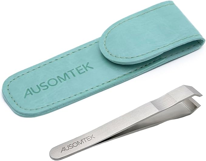 AUSOMTEK Beard & Hair Plucking Tweezers, Fine Eyebrow Tool, Stainless Steel, 10mm Tip, Anti-Slip Slot Design, Cyan PU Case