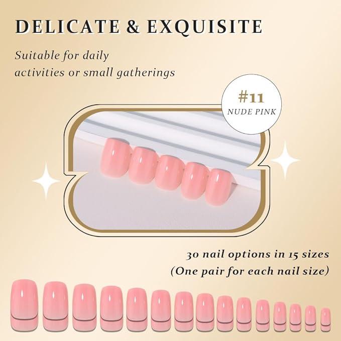 evpct Nude Pink Short Press on Nails Square, Glossy Soft Gel Acrylic Fake Press on Nails Manicure Kit, Reusable Artificial Stick on Nail for Women, Full Cover Easy Application Easy At-Home Salon