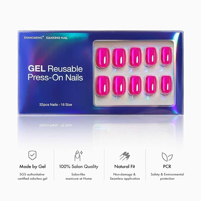 SHANGMENG Hot Pink Press on Nails Short - Cat Eye Press on Nails Square for Women Gift, Natural Fit & Glossy Stick on Nails in 16 Sizes - 32 Reusable Soft Gel Fake Nails with Glue, Hot Pink