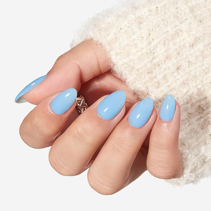 modelones Blue Short Press on Nails, Oval Fake Nails Kit Press Ons with Nail Glue, Adhesive Tabs, Nail File, Prep Pad, Manicure Stick, 32Pcs 16 Sizes