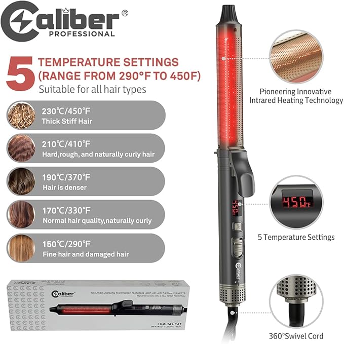 Caliber Lumina Heat Professional Infrared Curling Iron with Digital Temperature Control, 3 Sizes (1-1/4 (32mm))