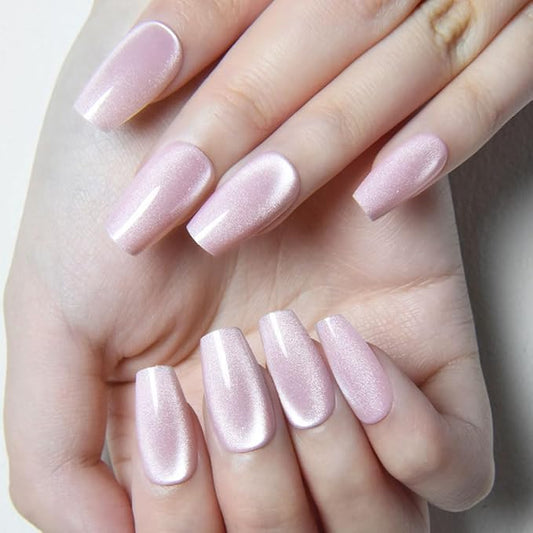 evpct Nude Cat Eye Coffin Press on Nails Square Medium, Medium Square Stick on Nail for Women Gift, Nude Metallic Glitter Glossy Reusable Summer Soft Gel Press on Acrylic Fake Nail with Designs