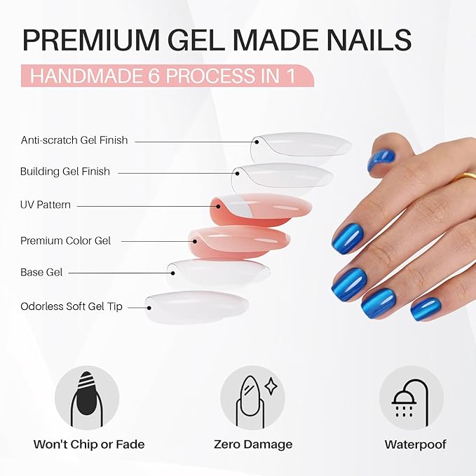 SHANGMENG Blue Cat Eye Press on Nails Square - Soft Gel Press on Nails Short for Women Gift, Fit Perfectly & Natural Stick on Nails with Glue in 16 Sizes - 32 Reusable Fake Nails, Royal Blue
