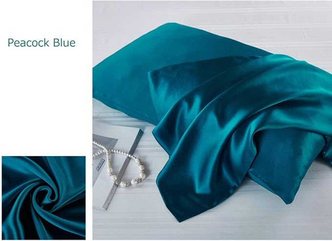 Mulberry Silk Pillowcases Set of 2, Hypoallergenic Satin Pillow Covers for Hair and Skin, with Hidden Zipper, Both Side 100% 19 Momme Silk (Peacock Blue,Queen)