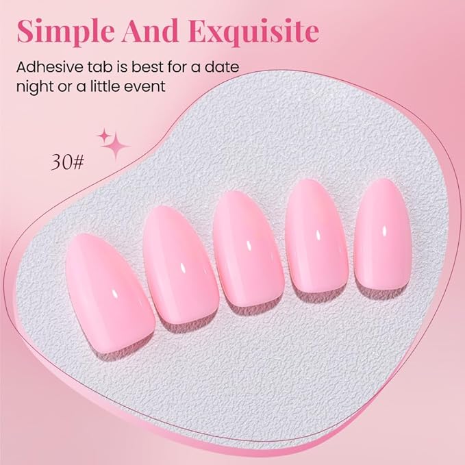 evpct Glossy Press on Nails Short Almond Short for Women, Baby Warm Pink Fake Nail with Kits Salon Quality Reusable Stick on Nails In 15 Sizes 30Pcs Full Cover False Nail Soft Gel Set Kit for Gift, 30