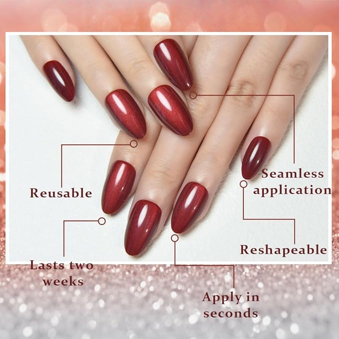 evpct Dark Red Press on Nails Almond Short, Dark Cherry Red Cat Eye Glitter Press on Nails for Women Gift, Soft Gel Press Stick on Nail with Nail Kit, Full Cover, 30Pcs Reusable Acrylic Fake Nails Kit