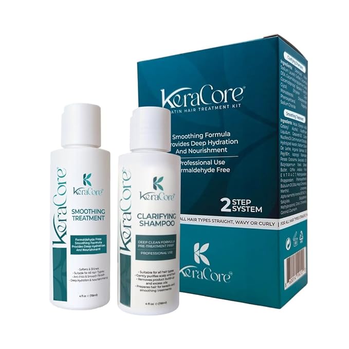 KeraCore Keratin Hair Treatment Kit 4 oz – Formaldehyde-Free Smoothing System with Clarifying Shampoo for Long-Lasting Frizz Control, Shine Boost & Salon-Smooth Finish at Home