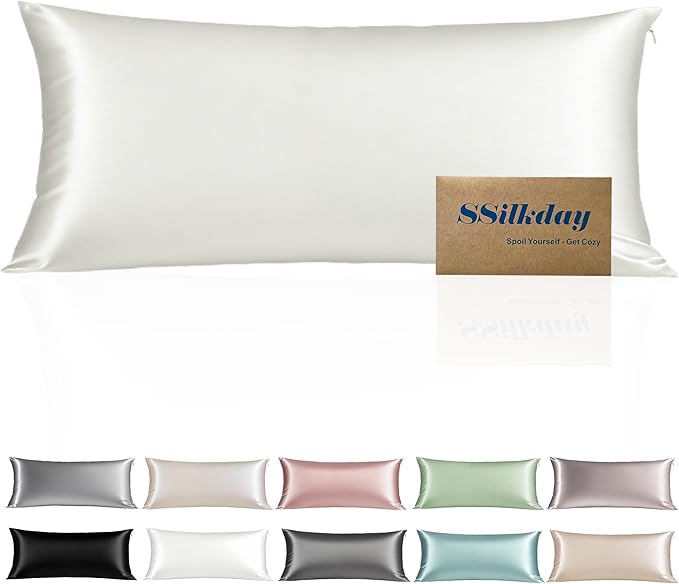 Mulberry Silk Body Pillow Pillowcase with Zipper, Ultra Smooth Soft Breathable Cooling Pillow Cases for Hot Sleepers, Silk Satin Body Pillow Cover for Hair and Skin (Ivory, 20×54 Inches, 1 Pack)