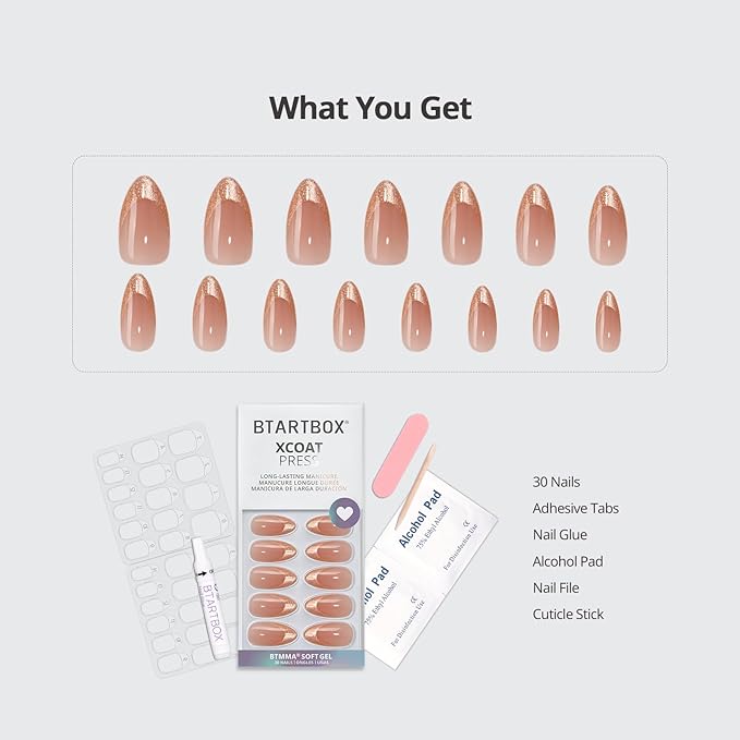 BTArtbox Press On Nails Medium - Golden Age, Lamp-Curable Almond Spakly French Tip Press On Nails with Glue and Adhesive Tabs for Women, Soft Gel Glue On Nails in 15 Sizes - 30 Stick On Nails Kit