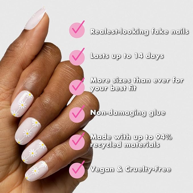 Olive & June Instant Mani Press-On Nails | (Glue) Short, Round 42 Fake Nails, 21 Sizes Non-Toxic | Long-Lasting Recycled Materials Realistic Look | Salon-Quality at Home | Daisy Chain
