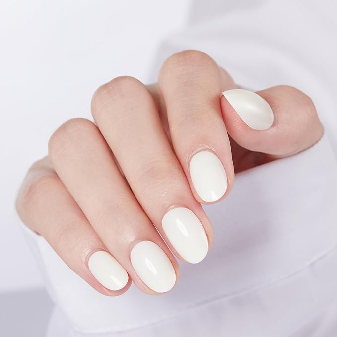 modelones Short Press on Nails, Oval Fake Nails Kit Press Ons with Nail Glue, Adhesive Tabs, Nail File, Prep Pad, Manicure Stick, 32Pcs 16 Sizes, Milky White, Valentines