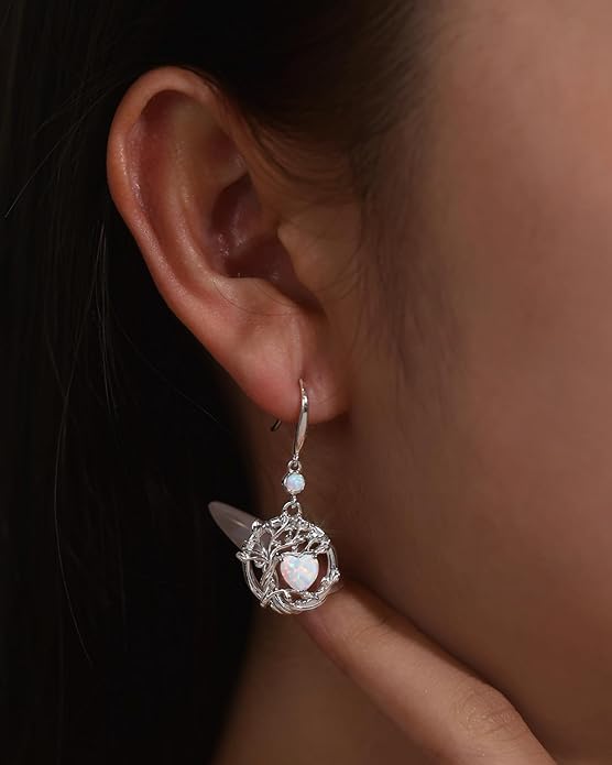 FANCIME Tree of Life Dangle Drop Earrings 925 Sterling Silver Dainty Round Gemstone Birthstone Earring Fine Jewelry Birthday Christmas Gifts for Her Women