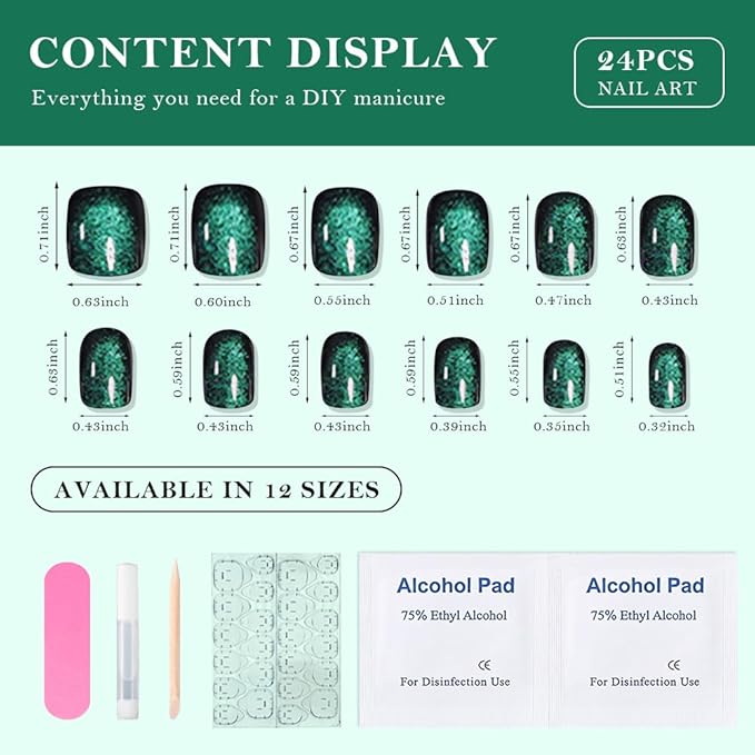 evpct Green Cat Eye Extra Short Press on Nails Square, Petite Short Square Stick on Nails for Women Gift, Emerald Green Metallic Glitter Glossy Reusable Gel Press on Acrylic Fake Nail with Designs