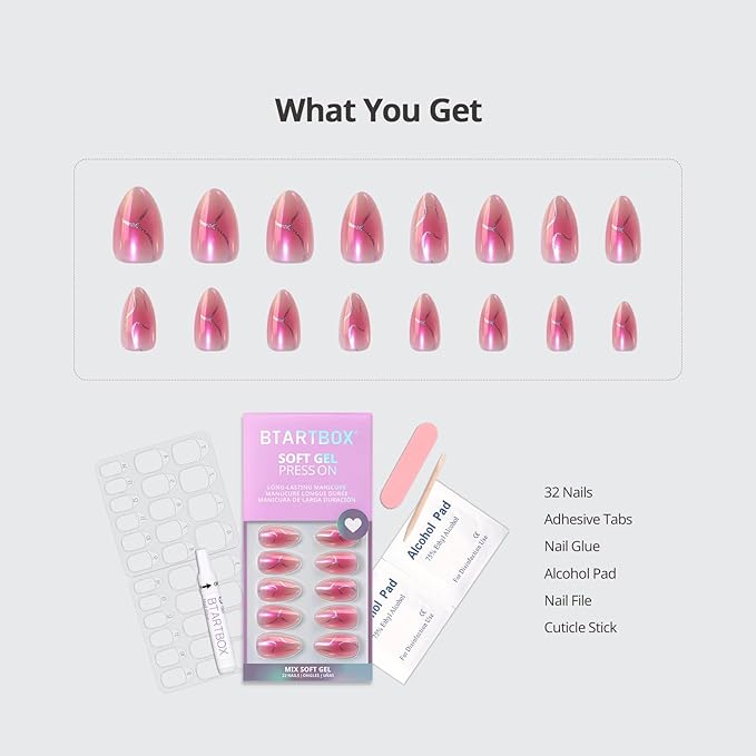 BTArtbox Press On Nails Almond - Neon Gradient, Pink Chrome Short Press On Nails with Glue and Adhesive Tabs for Women in 16 Sizes - 32 Soft Gel Glue On Nails Kit