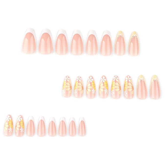 XZMeiLun French Tip Press On Nails Spring Summer Acrylic Nails for Women - Yellow Flower Designer Fake Nails Medium Almond 24Pcs, Outdoor Picnic/Wedding/Party Reusable Glue On Stick On Nails