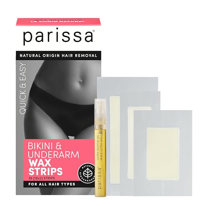 Parissa Natural Bikini Wax Strips Kit | Sensitive Skin, Beginner-Friendly | Ready-to-Use Hair Removal for Bikini & Brazilian | 36 Strips (18 x 2), 3 Sizes