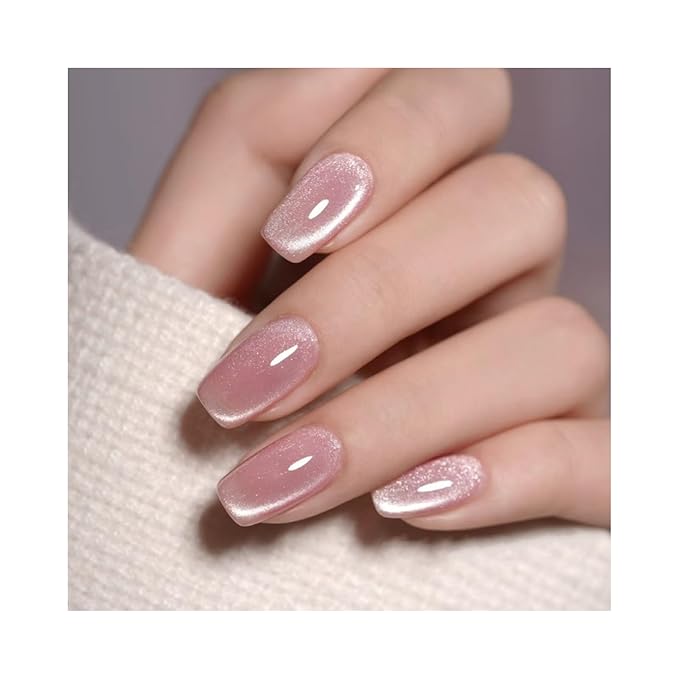 SHELWIN French Press On Nails Ready-To-Wear DIY Manicure Stick On Cat Eye Nails kit for Women 24 Pcs Short Medium Coffin Almond Shaped False Nails Gifts（Light Pink）