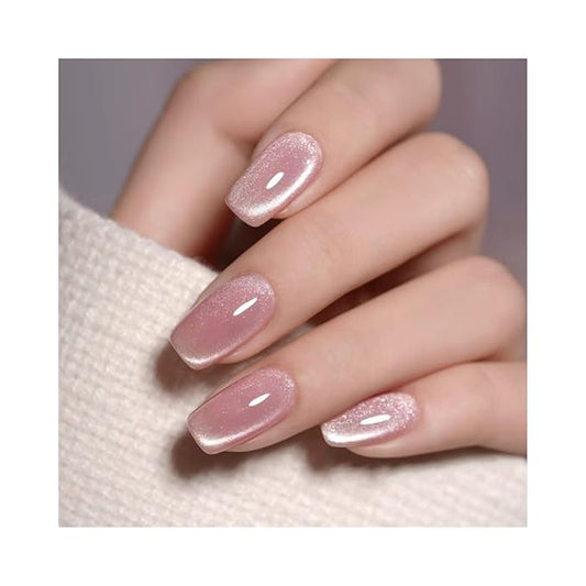 SHELWIN French Press On Nails Ready-To-Wear DIY Manicure Stick On Cat Eye Nails kit for Women 24 Pcs Short Medium Coffin Almond Shaped False Nails Gifts（Light Pink）