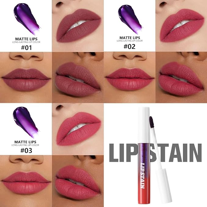 evpct 3Pcs Peel Off Lip Stain Tints, Maroon Mauve Red Matte Liquid Lipstick Lip Stain Long Lasting Waterproof for Women, Non-stick Cup Lipstick Peel Off Highly Pigmented Smudge-proof, 01# & 02# & 03#