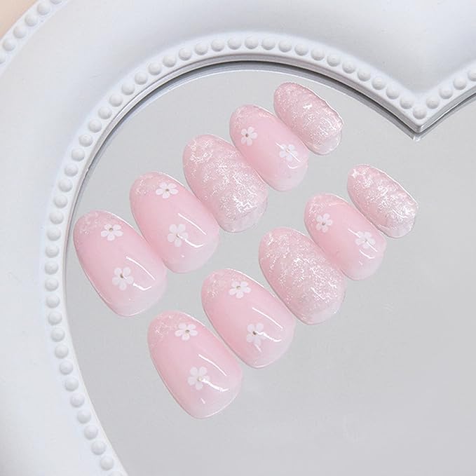 JONKASIPA Floral Press On Nails Short Lightweight Fake Nails Cute Artificial Acrylic Nails Full Coverage Reusable Adhesive Nails Suitable for Women 24 Pcs Set