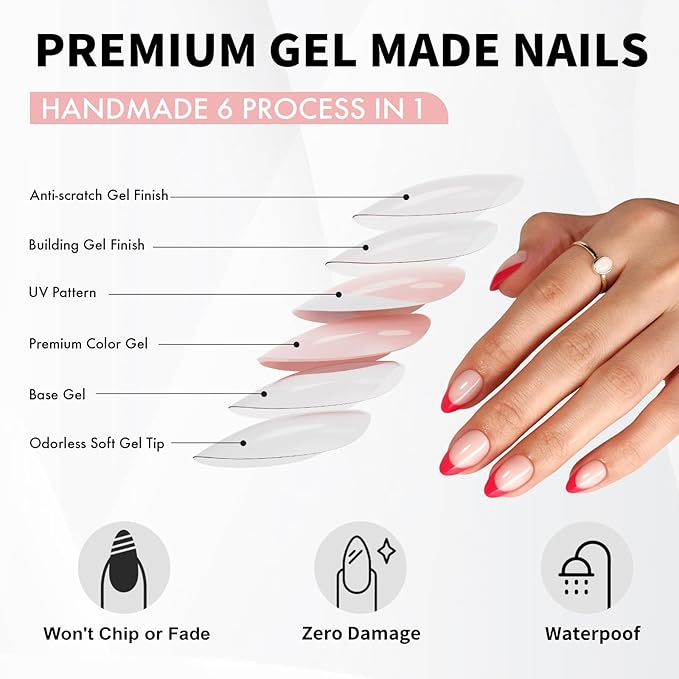 SHANGMENG Red French Tip Press on Nails Short - Soft Gel Valentines Almond Nails for Women Gift, Fit Perfectly & Natural Glue on Nails with Glue in 16 Sizes - 32 Reusable Fake Nails, Red French