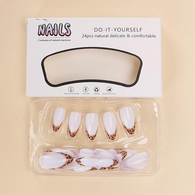 SHELWIN French Press On Nails Ready-To-Wear DIY Manicure Stick On Nails kit for Women 24 Pcs Short Medium Coffin Almond Shaped False Nails Gifts（Sexy Leopard）