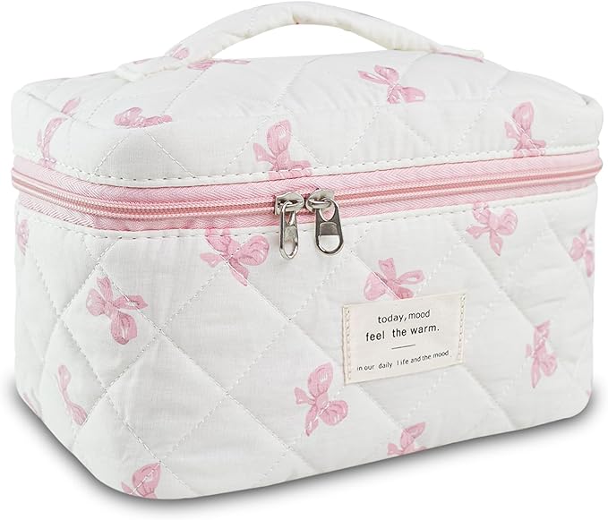 Bow Makeup Bag Organizer, Travel Makeup Bags for Women, Quilted Cosmetic Bag for Women, Large Travel Toiletry Bag, Cute Makeup Bags for Teen Girls, Cute Toiletry Bag Organizer