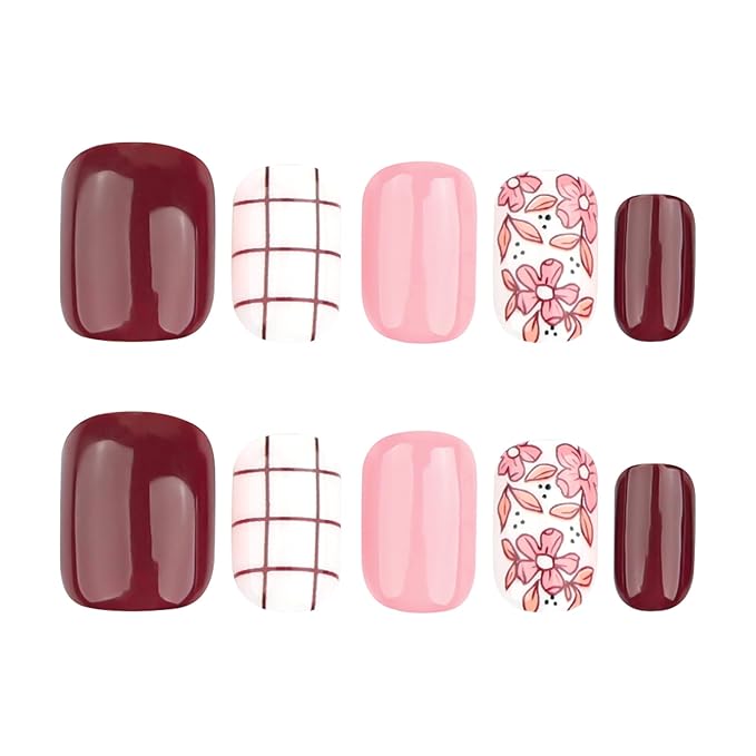 XZMeiLun Press On Nails Spring Summer Acrylic Nails for Women - Lattice Flower Designer Fake Nails Short Square 24PCS, Outdoor Picnic/Wedding/Party Reusable Stick On Nails Gift
