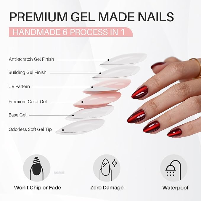 SHANGMENG Dark Red Cat Eye Press on Nails Almond - Soft Gel Valentines Short Press on Nails for Women Gift, Glossy Glue on Nails in 16 Sizes - 32 Reusable Fake Nails Kit with Glue, Wine