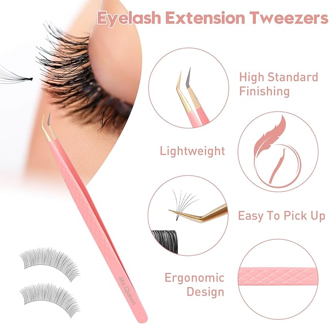 Ms.Queen Eyelash Extension Tweezers,4Pcs Fiber Tip Lash Tweezers for Volume Lashes Make Fans,45 90 Degree Boot Isolation Lash Tweezers Set