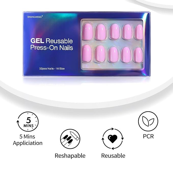 SHANGMENG Pink Press on Nails Oval for Women Gift - Soft Gel Valentines Press on Nails Short with Glue, Fit Perfectly & Natural Glue on Nails in 16 Sizes - 32 Reusable Fake Nails, Pink