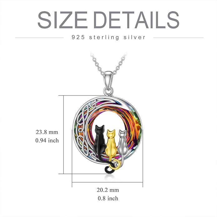TOUPOP Cat Gifts for Cat Lovers One Two Three Four Cats Necklace Sterling Silver Cats on the Moon Pendant Necklace with Blue Circle Crystal Birthday Christmas Celtic Jewelry Gifts for Women