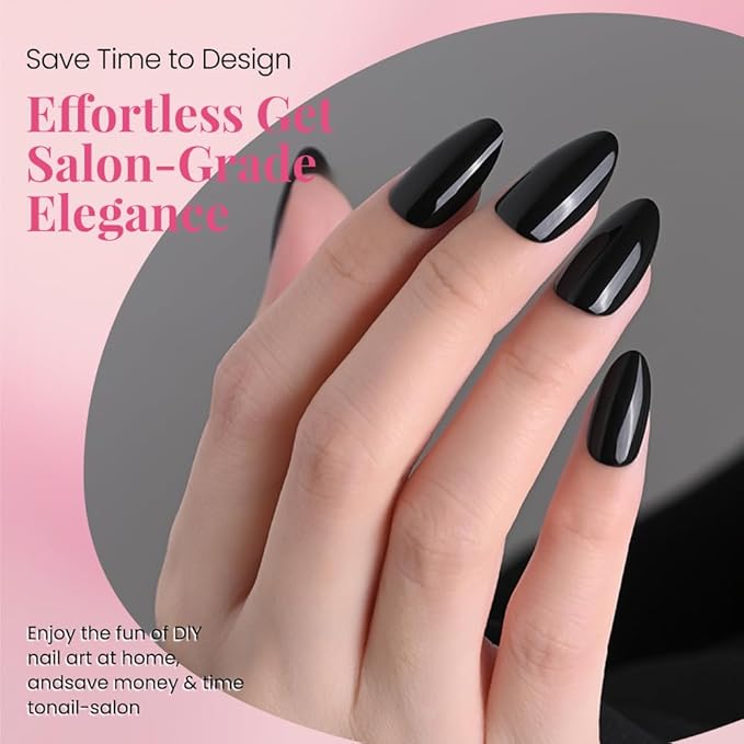 evpct Glossy Press on Nails Short Almond Short for Women, Black Fake Nail with Kits Salon Quality Reusable Stick on Nails In 15 Sizes 30Pcs Full Cover False Nail Soft Gel Set Kit for Gift, 29