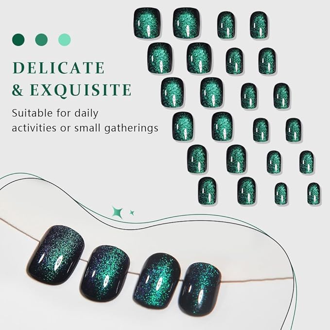 evpct Green Cat Eye Extra Short Press on Nails Square, Petite Short Square Stick on Nails for Women Gift, Emerald Green Metallic Glitter Glossy Reusable Gel Press on Acrylic Fake Nail with Designs
