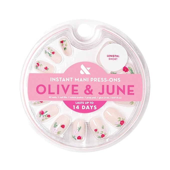 Olive & June Instant Mani Press-On Nails | (Glue) Short, Squoval 42 Fake Nails, 21 Sizes | Non-Toxic, Long-Lasting Recycled Materials Realistic Look | Salon-Quality at Home | Rose Bouquets