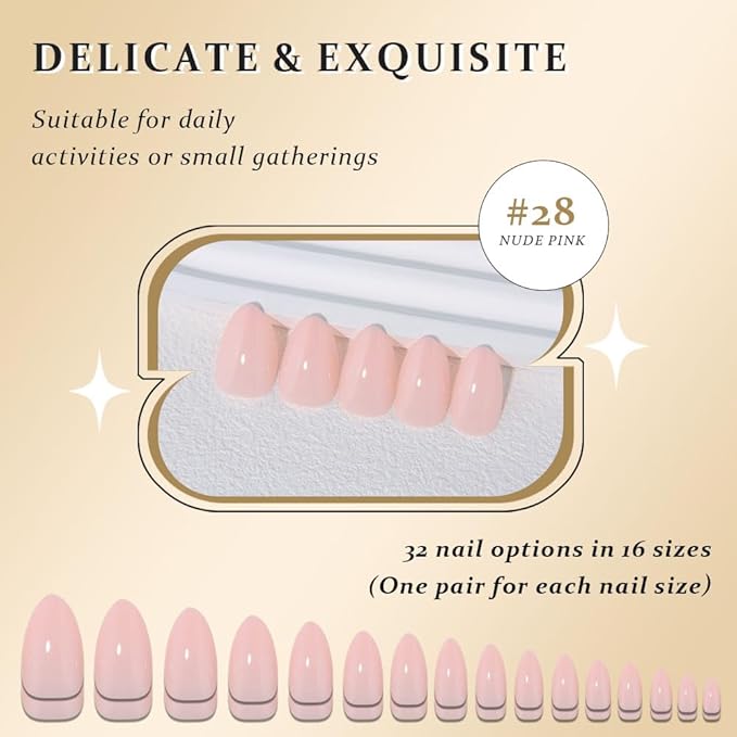 evpct Nude Pink Glossy Press on Nails Short Almond, Glossy Fake Nail Stick on Nail for Women Gift with Kit, Salon Quality Soft Gel Stick on Acrylic False Nails Reusable Full Cover for Women Manicure