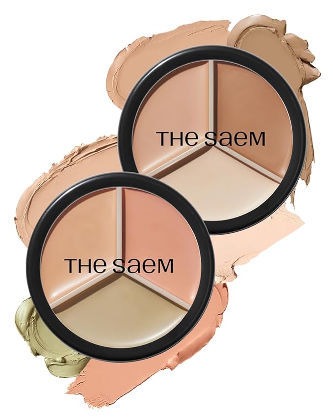 THESAEM Cover Perfection Triple Pot Concealer 2-Pack Set - 01 Correct Beige & 02 Contour Beige Bundle - 6-Color Multi Concealer Palette Kit - Korean Makeup with Sweet Almond Oil for Complete Coverage