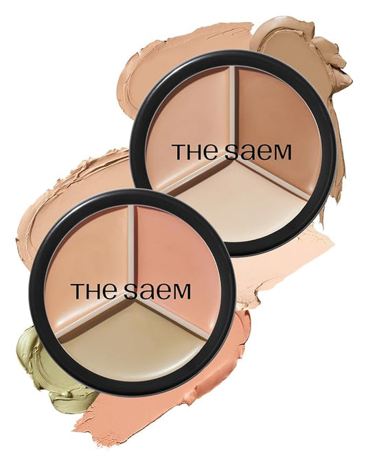 THESAEM Cover Perfection Triple Pot Concealer 2-Pack Set - 01 Correct Beige & 02 Contour Beige Bundle - 6-Color Multi Concealer Palette Kit - Korean Makeup with Sweet Almond Oil for Complete Coverage