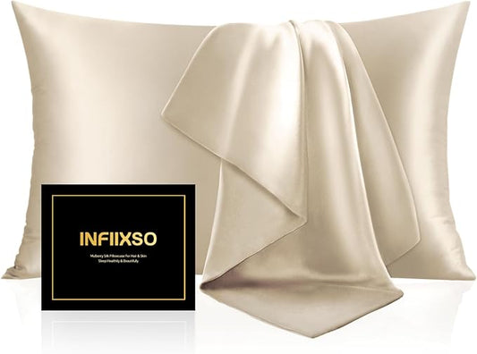 INFIIXSO Mulberry Silk Pillowcase for Hair and Skin, Silk Pillow Cases Standard Size with Hidden Zipper 20x26 Inches, Extraordinary Smooth and Soft Cooling Pillow Cases for Hot Sleepers(Beige, 1 Pack)