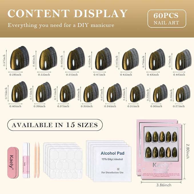 evpct Cat Eye Gold Silver Press on Nails Almond Short, Gold Silver Metal Short Almond Soft Gel Press on Nails with Nail Kit, 60Pcs Reusable Acrylic Fake Press-on Nail Polish Kit for Women Gift