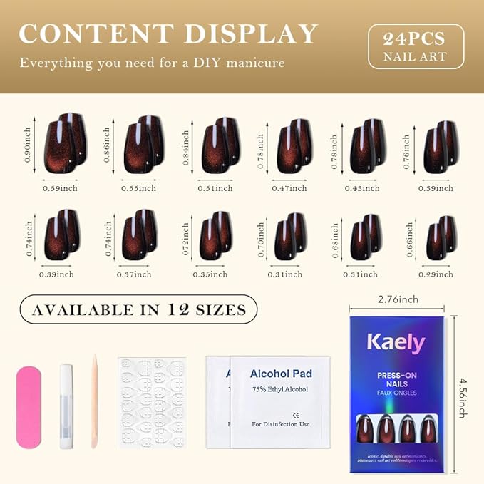 evpct Reddish Brown Cat Eye Coffin Press on Nails Square Medium, Medium Square Stick on Nails for Women Gift, Wine Red Metallic Glitter Glossy Reusable Spring Summer Gel Press on Acrylic Fake Nail