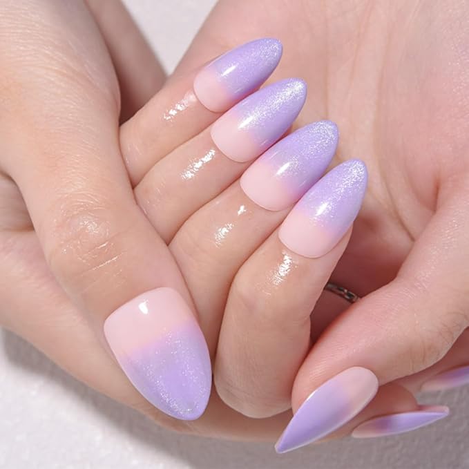 evpct Ombre Nude to Orchid Press on Nails Short Almond, Short Almond Glossy Stick on Nail for Women Gift with Manicure Kit, Reusable Soft Gel Stick on Fake Nail with Glitter Designs Perfectly Fit