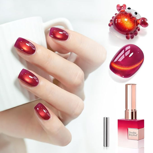 Double Rhythm 0.5 OZ Cat Eye Gel Polish with Magnet 15ML Holographic Glitter Shimmer Translucent Jelly Color Magnetic Nail Polish Salon DIY at Home (Burgundy Golden-MC1262)