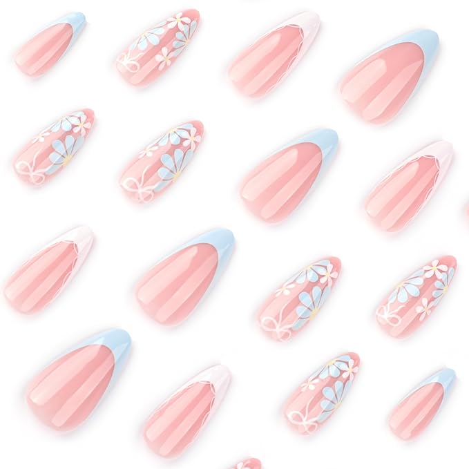 XZMeiLun French Tip Press On Nails Spring Summer Acrylic Nails for Women - Blue Flower Designer Fake Nails Short Almond 24Pcs, Outdoor Picnic/Wedding/Party Reusable Glue On Stick On Nails