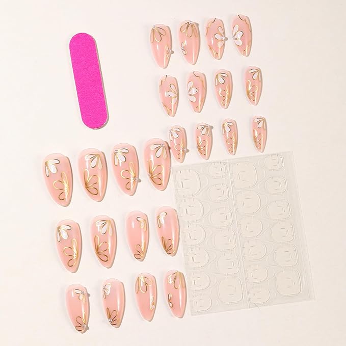 Almond Press on Nails Medium Fake Nails Press ons with Designs Flower Petals False Nails Full Cover Acrylic Nail Tips Press on Nail Reusable French Nails Stick on Nails for Women Manicure Decor 24Pcs