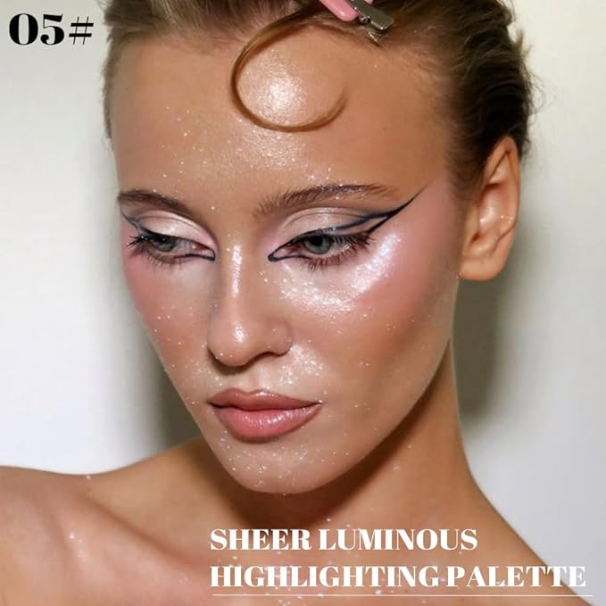 Highlighter Makeup Palette for Blush,Contour,Shadow,Face or Eye Makeup, Shimmer Glow, Creamy Mousse Pressed Powder, Intensely Pigmented, Glitter Sparkling (B03-05# Moonstone)